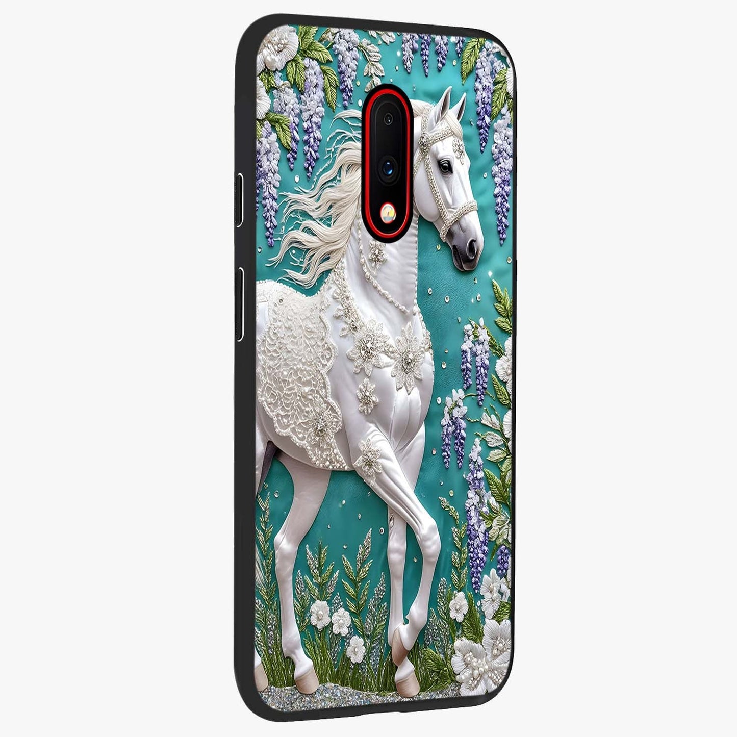 Majestic Floral Stallion Glass Case upright view showcasing dramatic horse artwork with decorative floral theme.