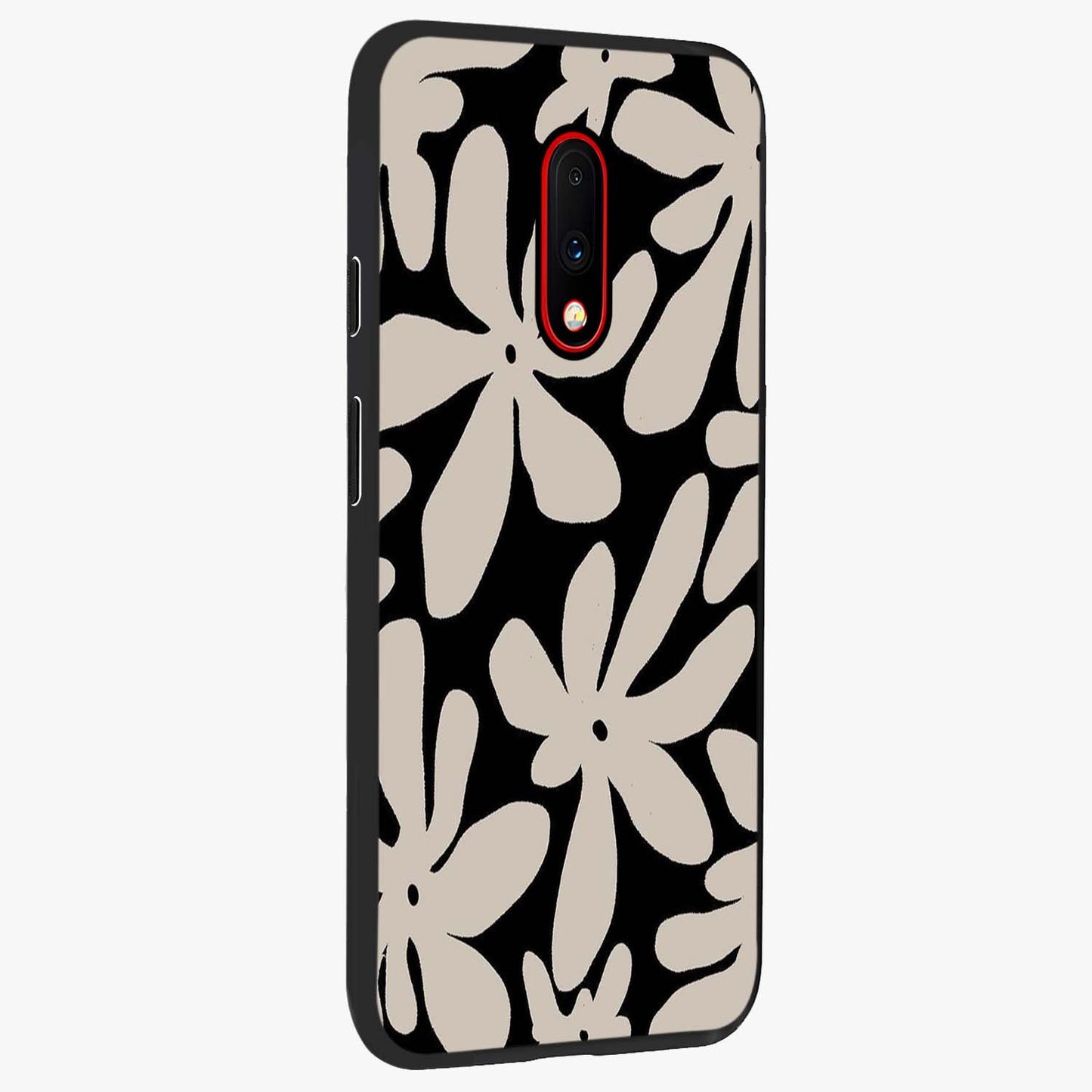 Monochrome Petal Dance Glass Case upright view showcasing artistic floral pattern with stylish monochrome theme.