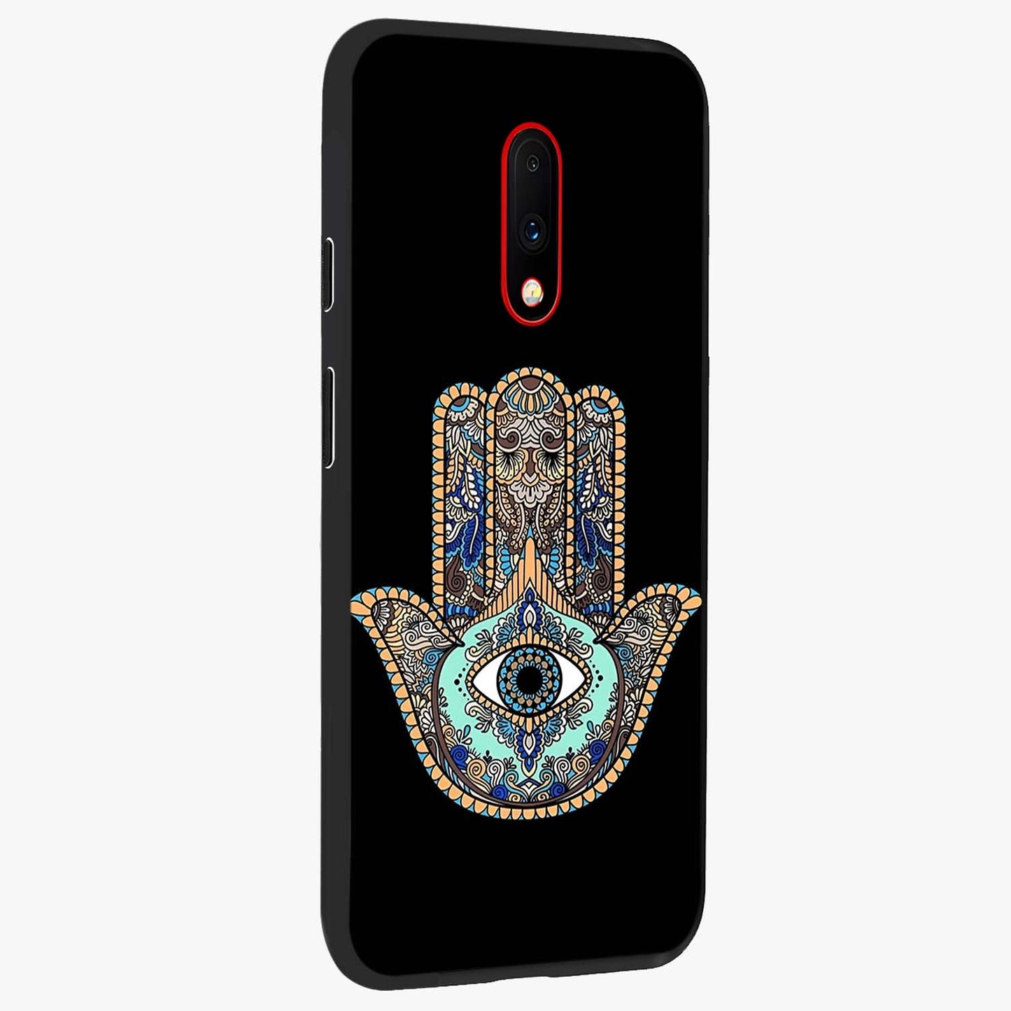 Mystic Hamsa Eye Glass Case upright view showcasing detailed hamsa eye artwork with protective spiritual theme.