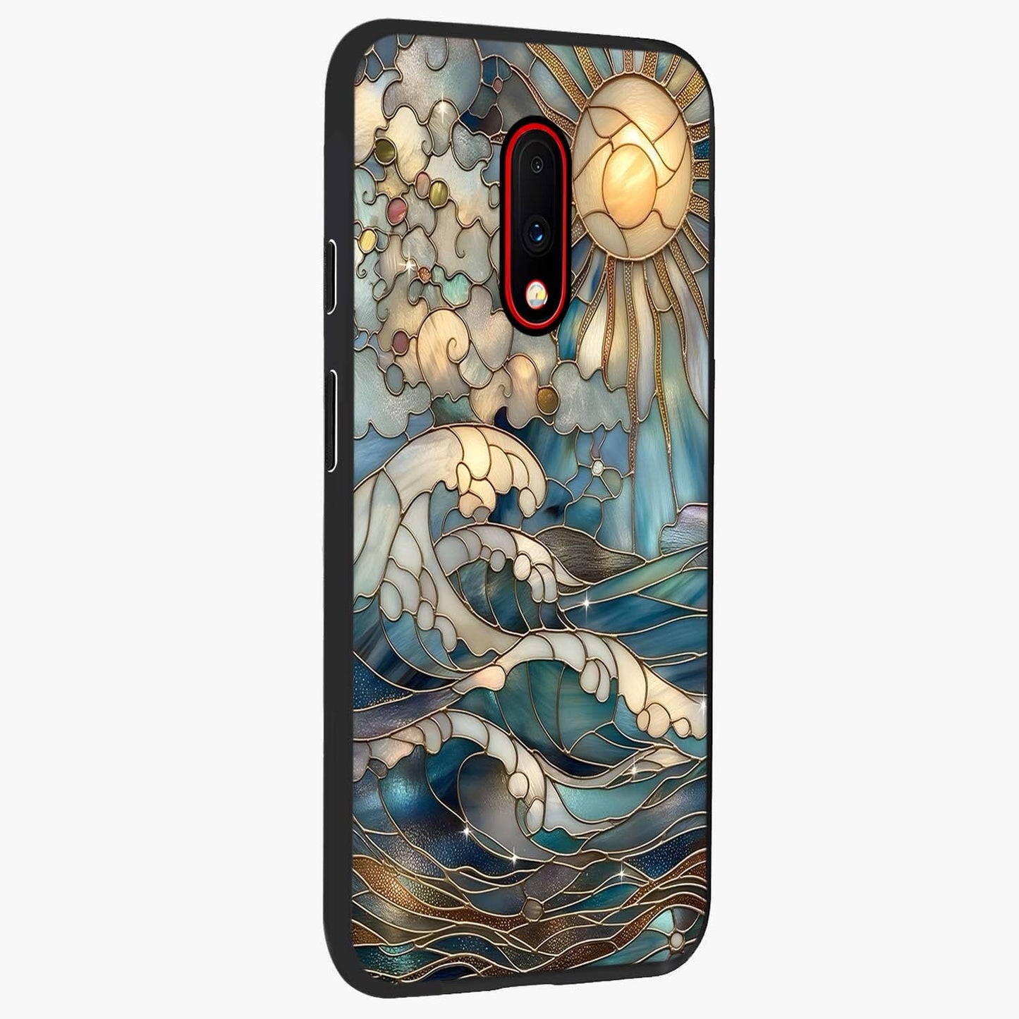 Oceanic Stained Printed Glass Case upright view showcasing decorative ocean pattern artwork with vibrant marine theme.