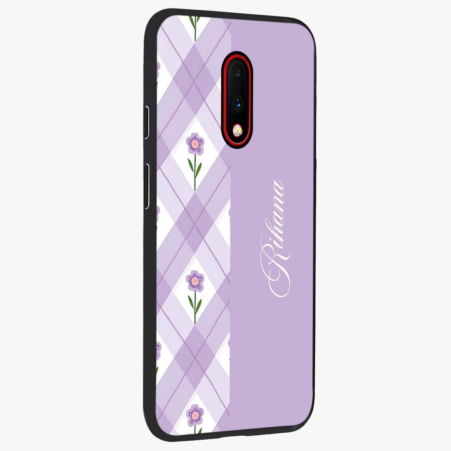 Purple Diamond Floral Glass Case upright view showcasing vibrant floral artwork with stylish geometric theme.