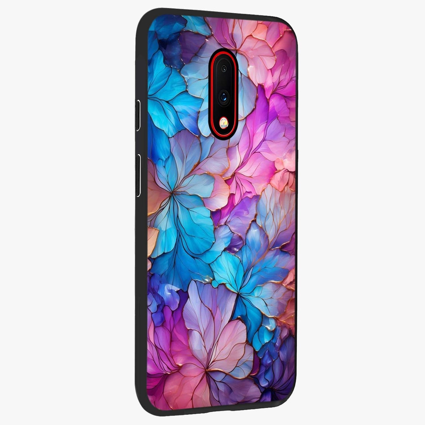 Radiant Floral Whirl Glass Case upright view showcasing lively floral artwork with decorative swirl theme.