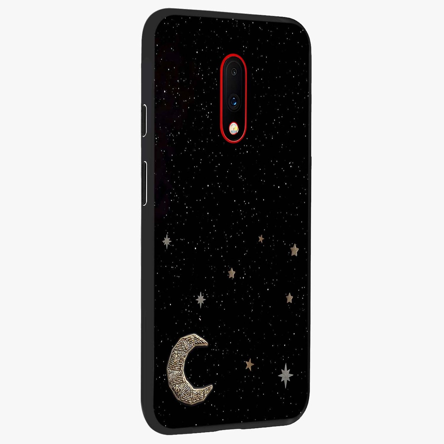 Twinkle Star With Half Moon Glass Case upright view showcasing glowing cosmic artwork with dreamy night theme.