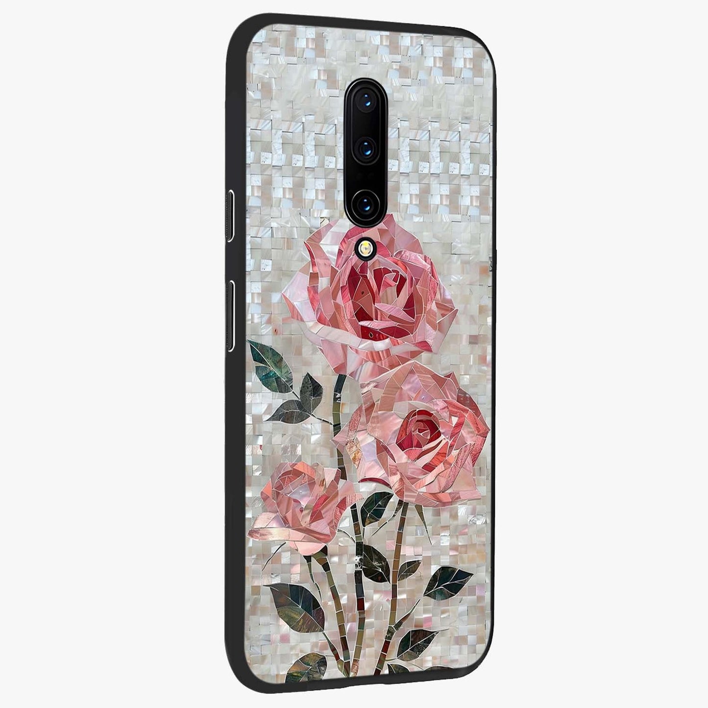 Blush Mosaic Bloom Glass Case upright view showcasing decorative floral mosaic artwork with stylish modern aesthetic.