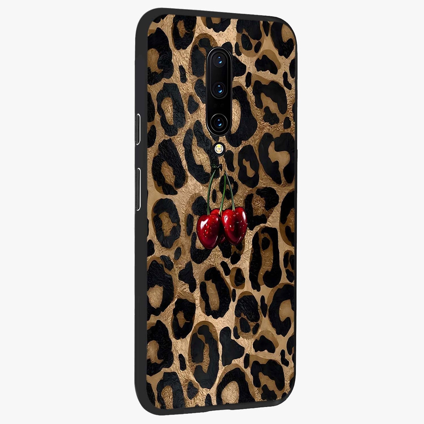 Leopard Wild Cherry Glass Case upright view showcasing stylish leopard pattern artwork with trendy fashion theme.