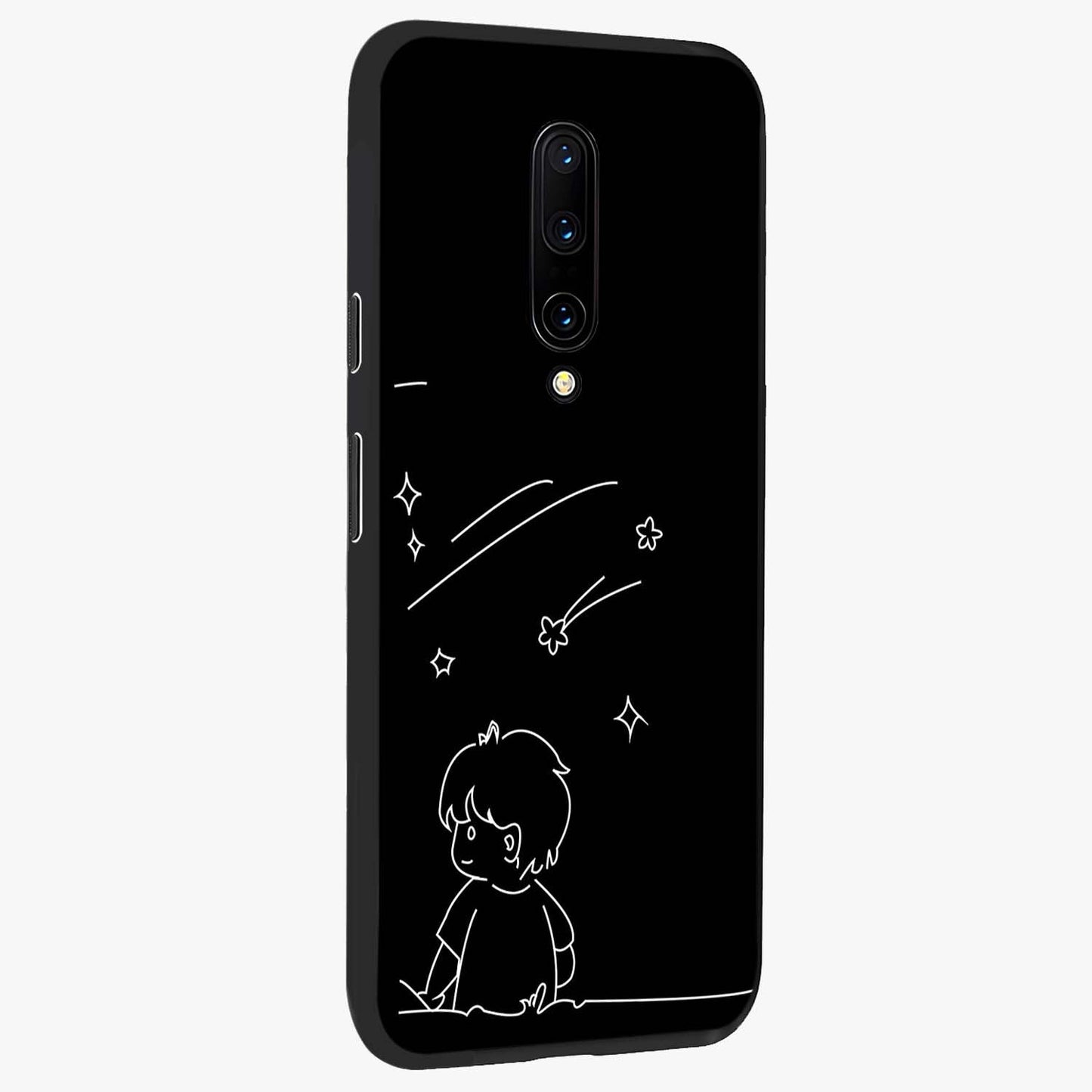 Line Art Boy With Shooting Stars Glass Case upright view showcasing artistic shooting star illustration with minimal style.