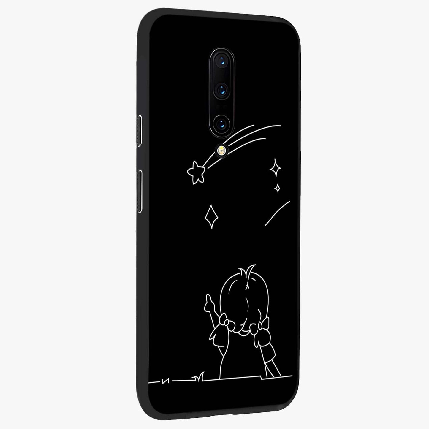 Line Art Girl With Shooting Stars Glass Case upright view showcasing delicate shooting stars artwork with minimal artistic theme.