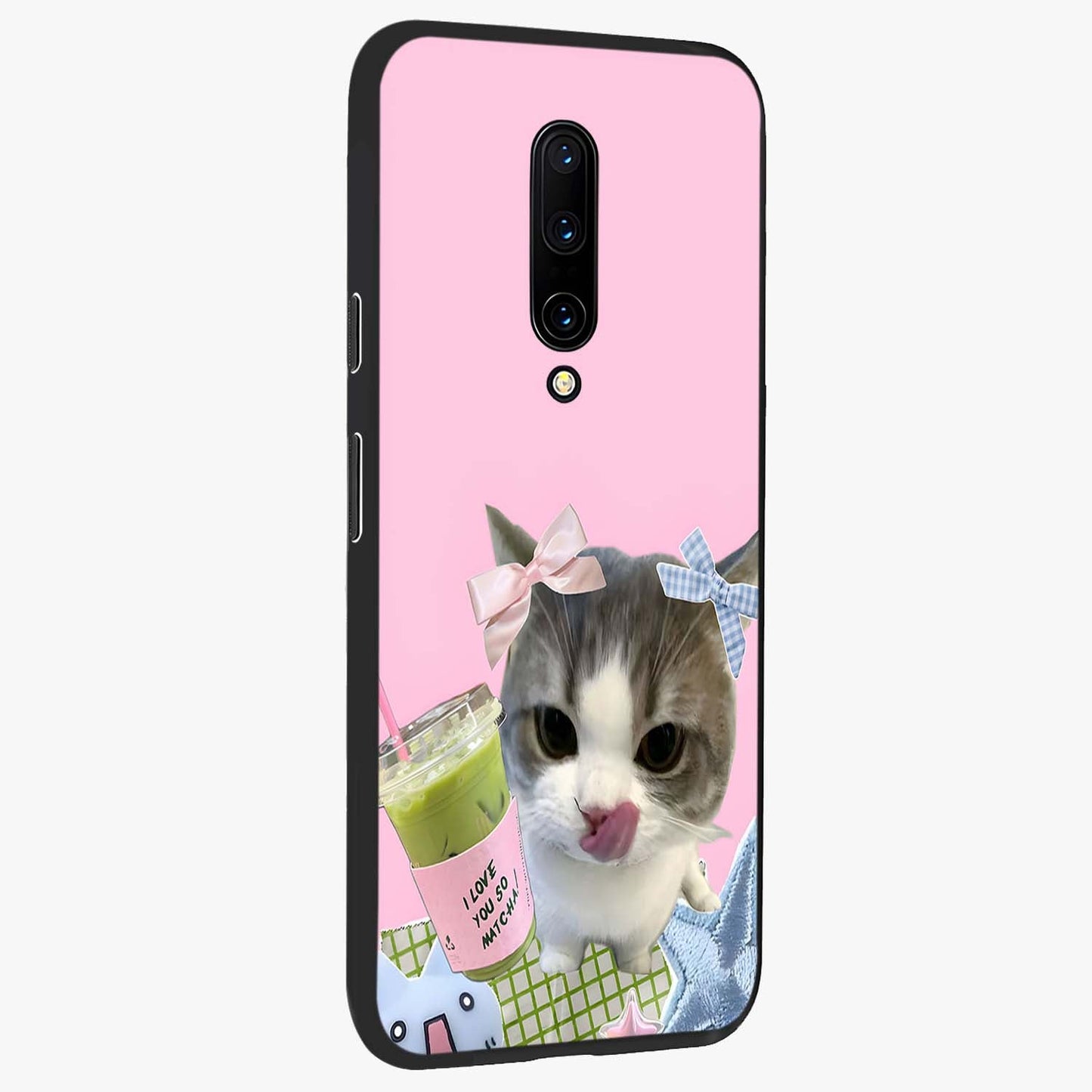 Love Matcha Cat Glass Case upright view showcasing adorable cat artwork with charming matcha themed design.