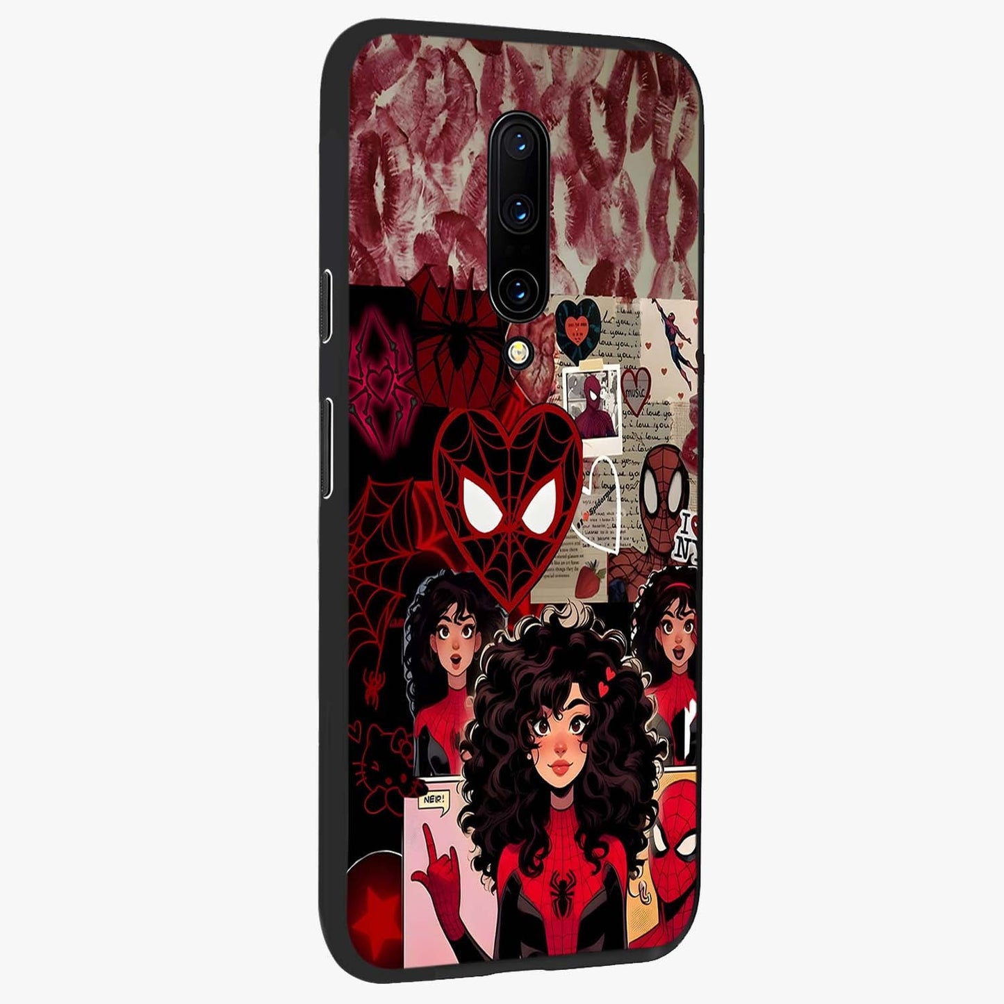 Spider Love Story Glass Case upright view showcasing charming superhero artwork with romantic comic theme.