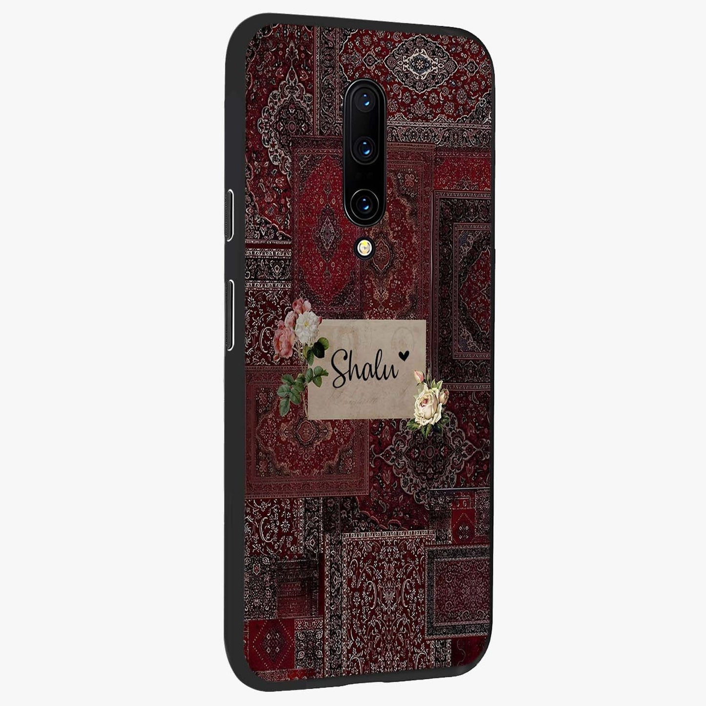 Velvet Wine Pattern Custom Name Glass Case upright view showcasing luxurious wine toned artwork with personalized aesthetic.