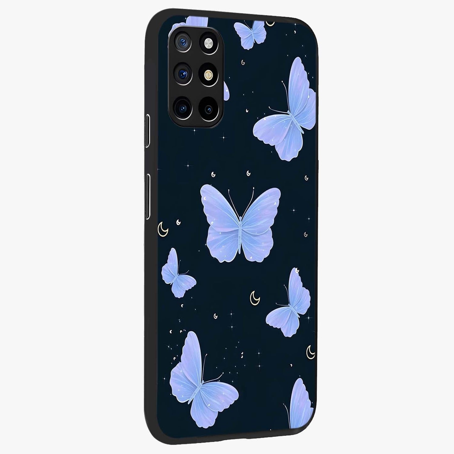 Butterfly With Stars Pattern Glass Case upright view showcasing celestial butterfly artwork with sparkling star elements.