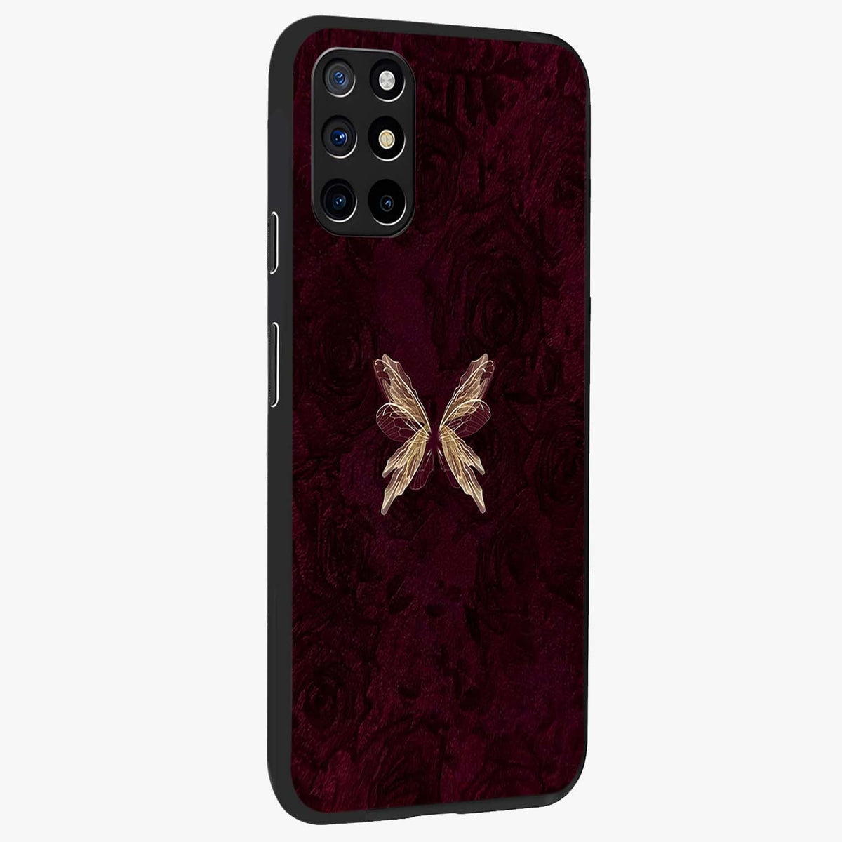 Crimson Fade Butterfly Glass Case upright view showcasing graceful butterfly artwork with soft crimson fade effect.