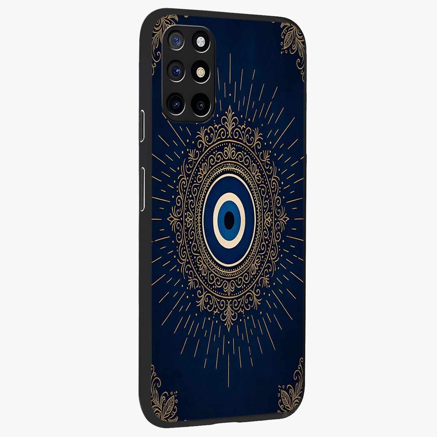 Golden Celestial Charm Glass Case upright view showcasing radiant celestial artwork with elegant golden theme.