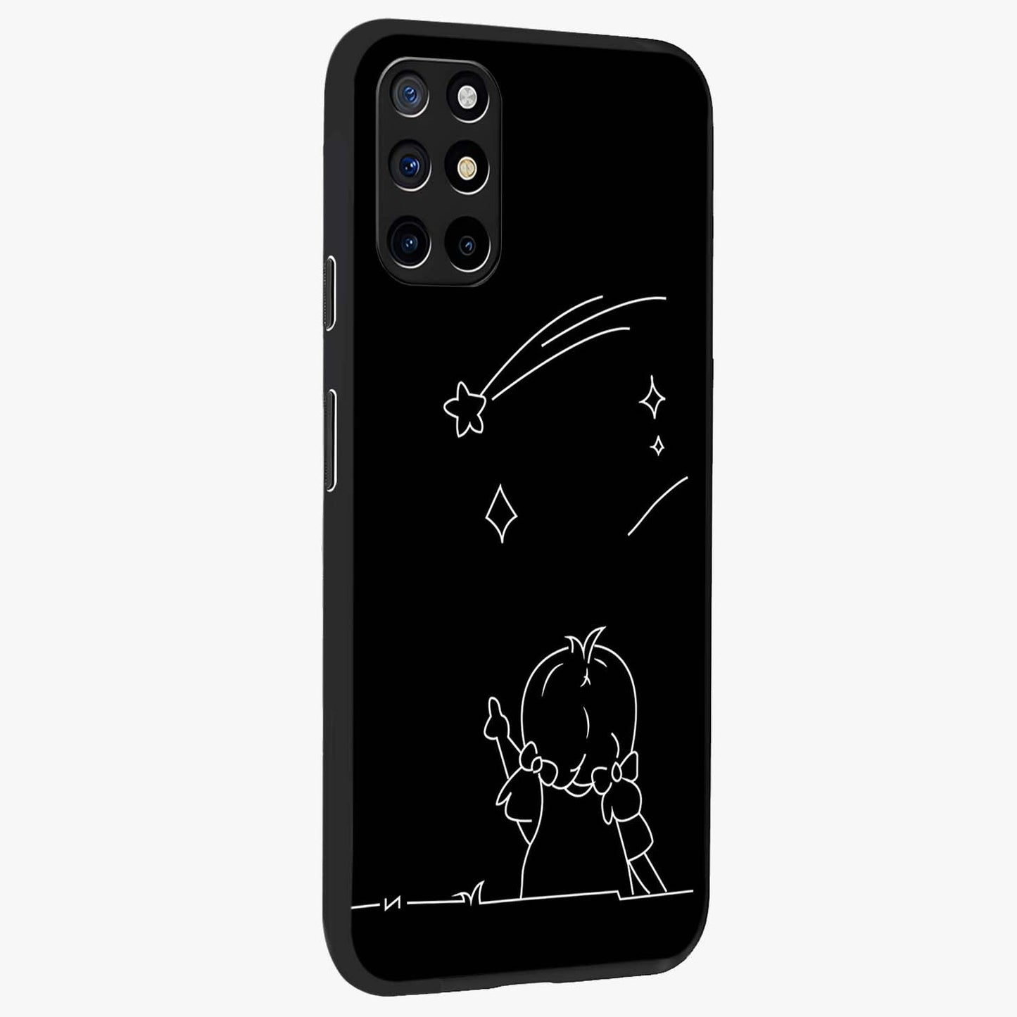 Line Art Girl With Shooting Stars Glass Case upright view showcasing delicate shooting stars artwork with minimal artistic theme.