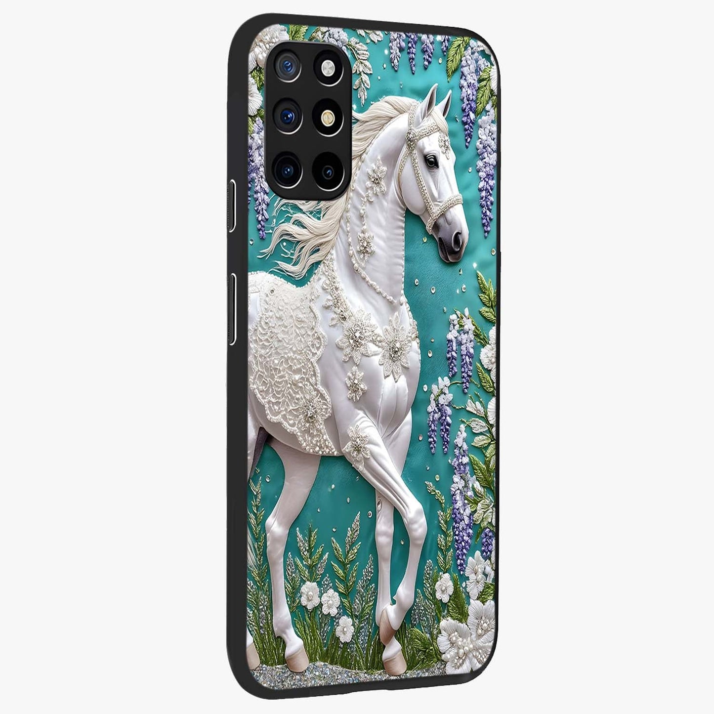 Majestic Floral Stallion Glass Case upright view showcasing dramatic horse artwork with decorative floral theme.