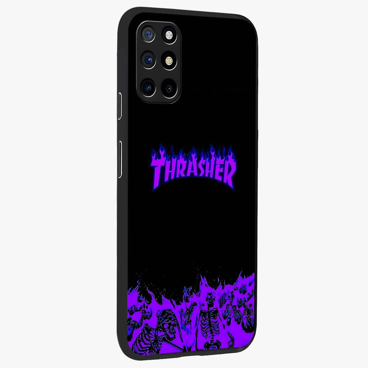 Neon Flame Riot Glass Case upright view showcasing dynamic flame artwork with energetic neon theme.