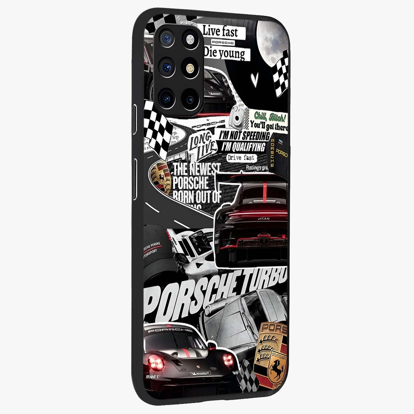 Porsche Racing Collage Glass Case upright view showcasing energetic car collage artwork with high speed racing theme.