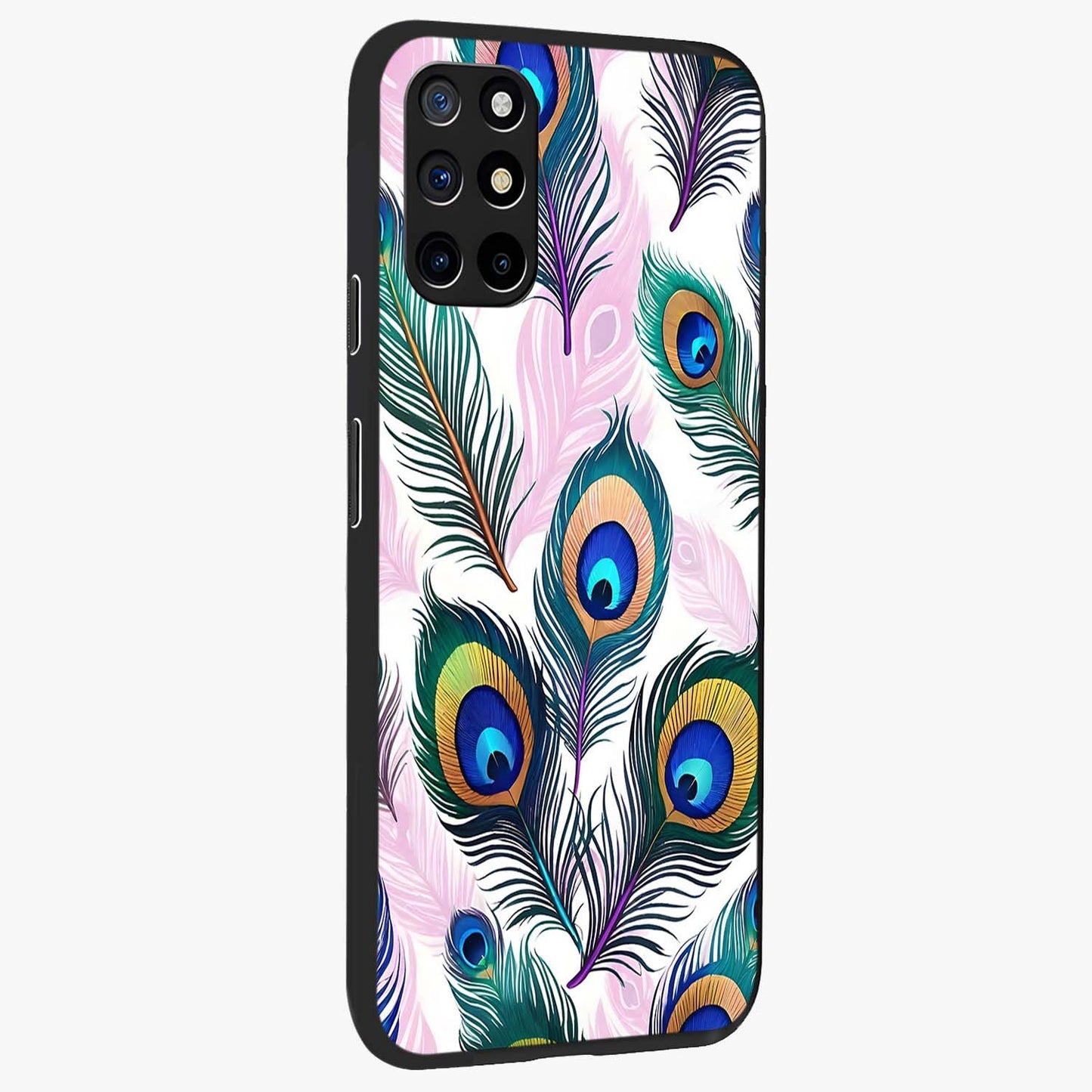 Royal Peacock Feathers Glass Case upright view showcasing elegant peacock feather artwork with decorative royal theme.
