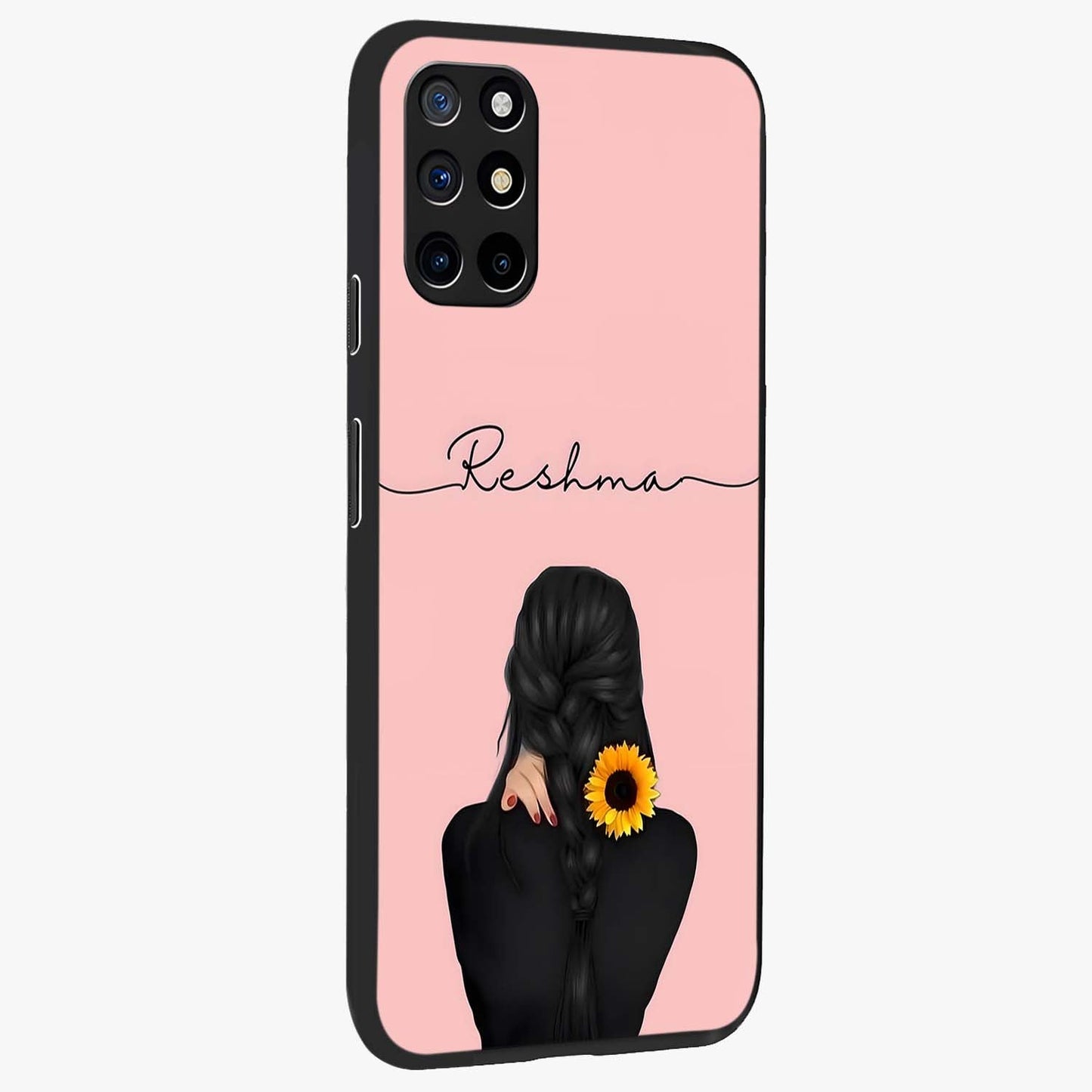 Sunflower Braid Beauty With Custom Name Glass Case upright view showcasing bright sunflower artwork with personalized floral aesthetic.