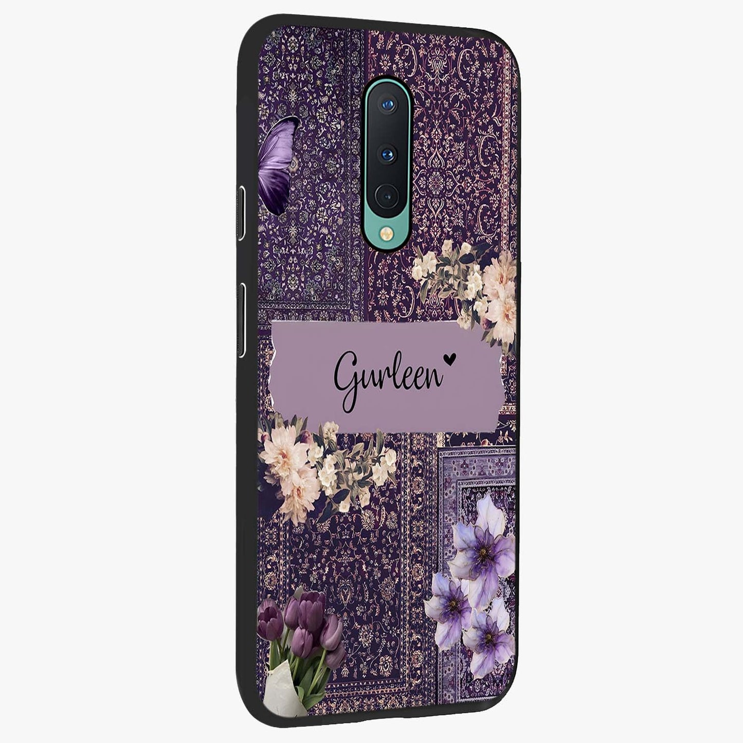 Antique Floral Whisper Custom Name Glass Case upright view showcasing delicate floral artwork with custom name feature.