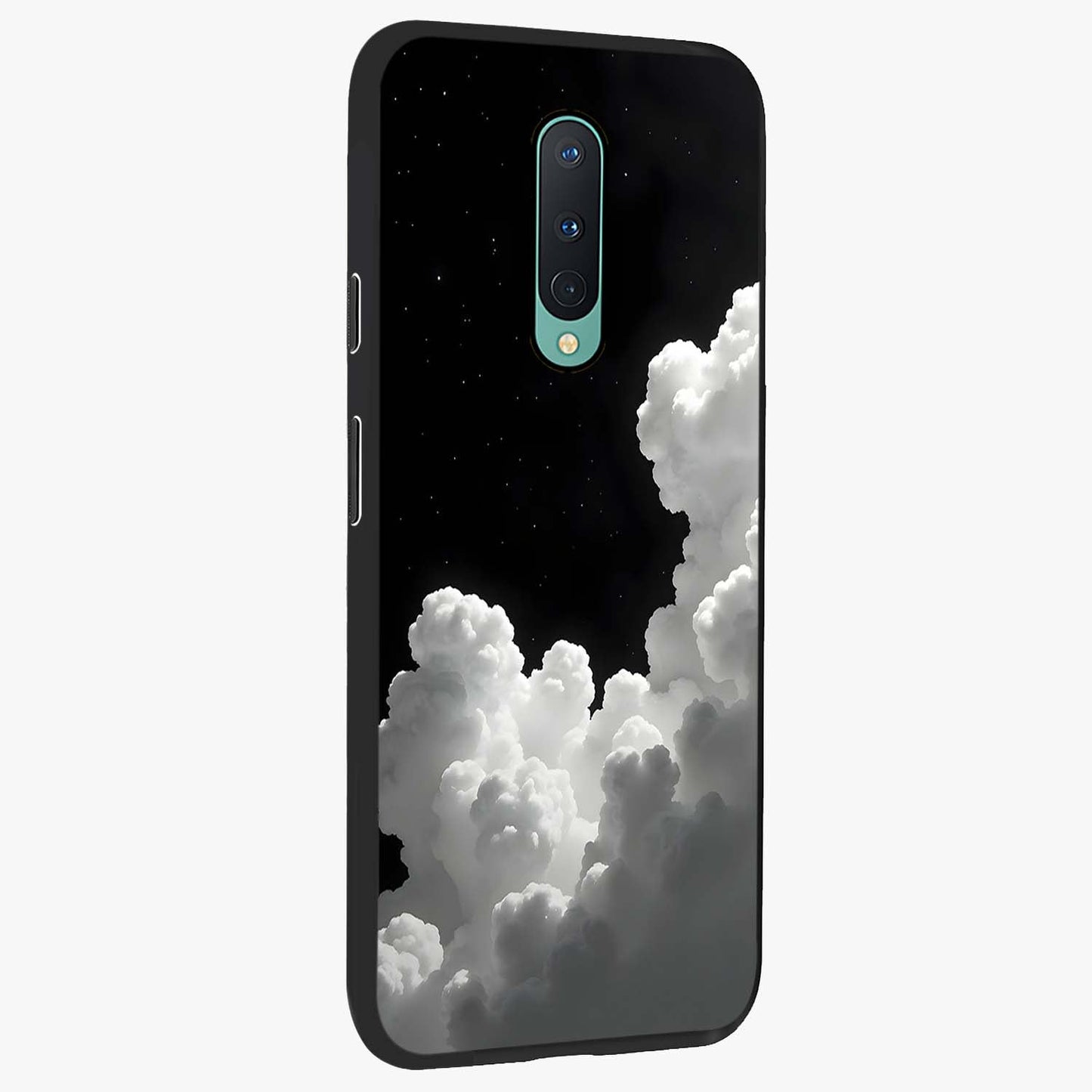Black Background With White Cloud Glass Case upright view showcasing calm cloud aesthetic with modern minimal style.