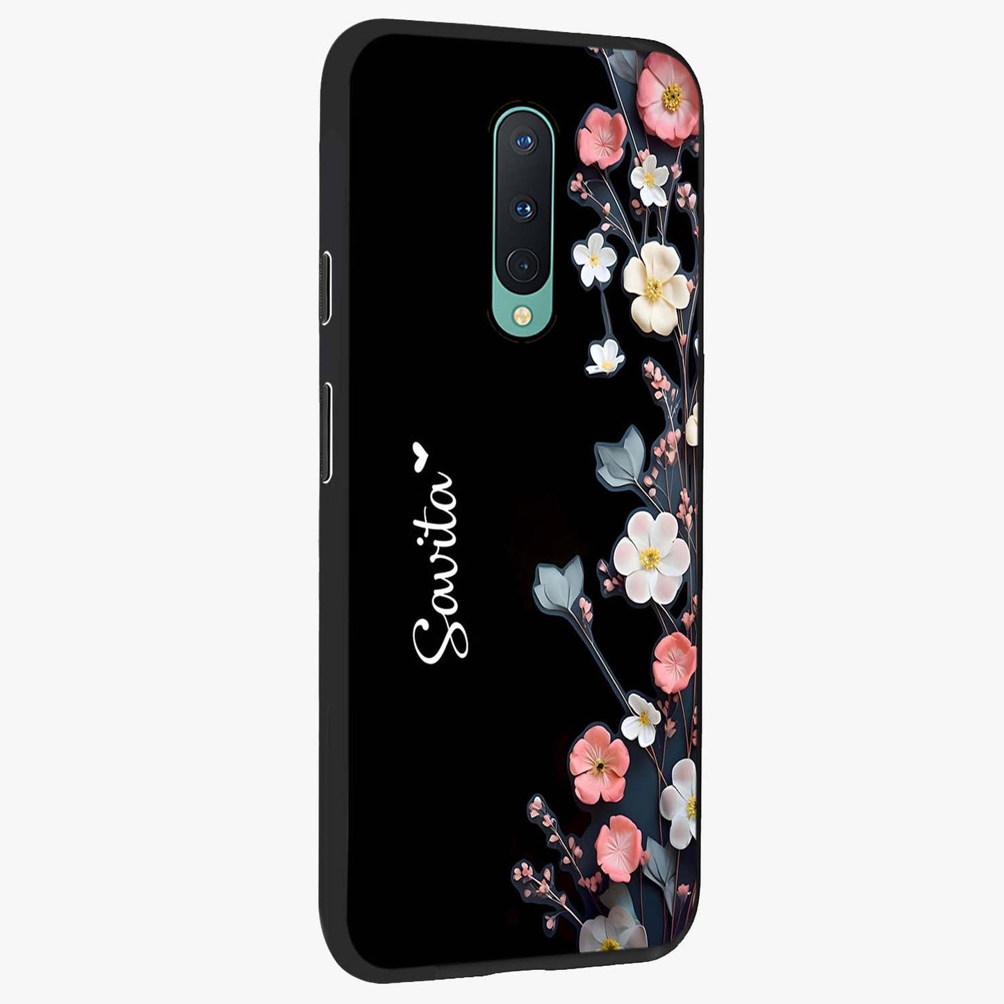 Black Elegance Floral Custom Name Glass Case upright view showcasing luxurious black floral design with personalized name detail.