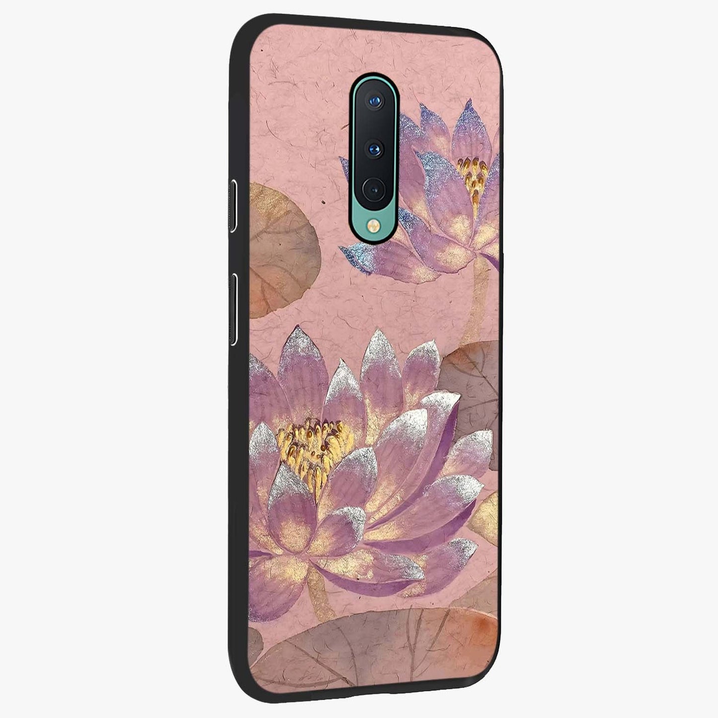 Blossom Mist Lotus Glass Case upright view showcasing graceful lotus flower design with peaceful botanical style.