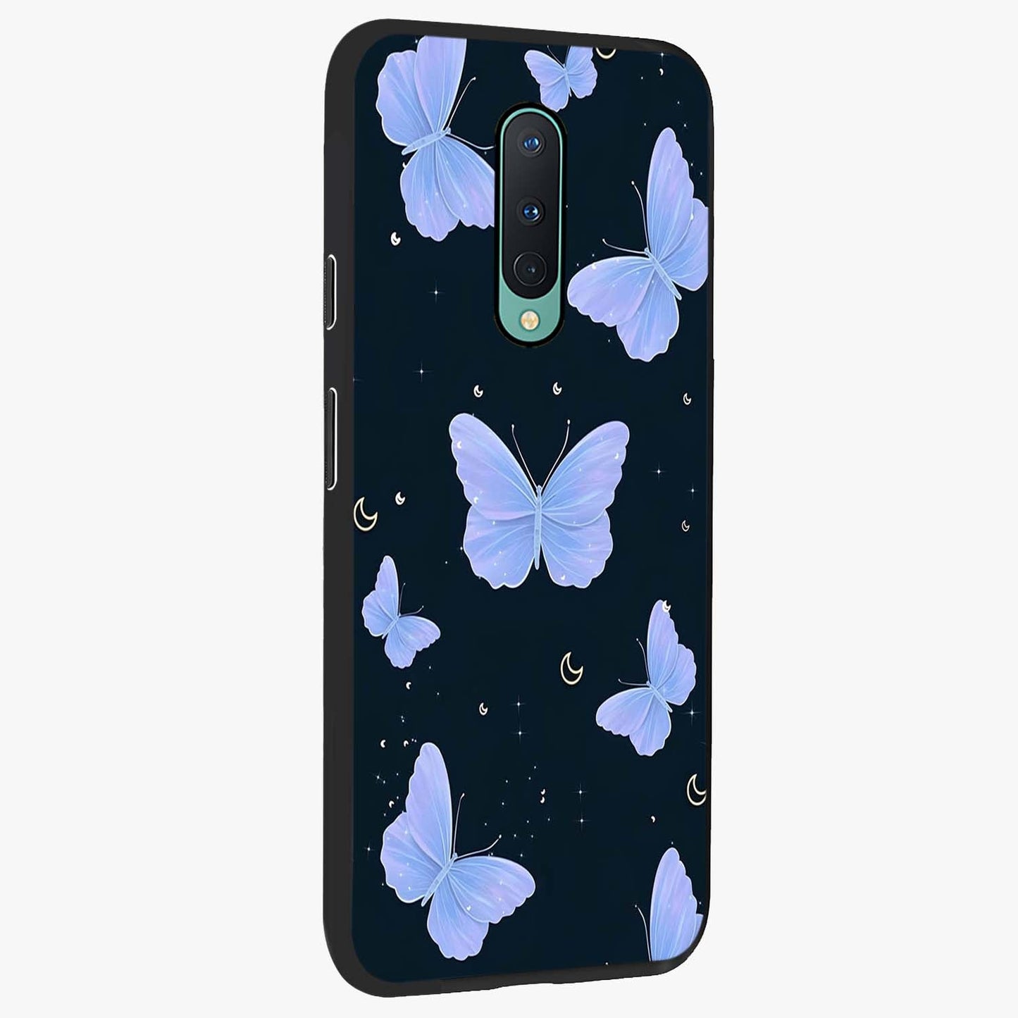 Butterfly With Stars Pattern Glass Case upright view showcasing celestial butterfly artwork with sparkling star elements.