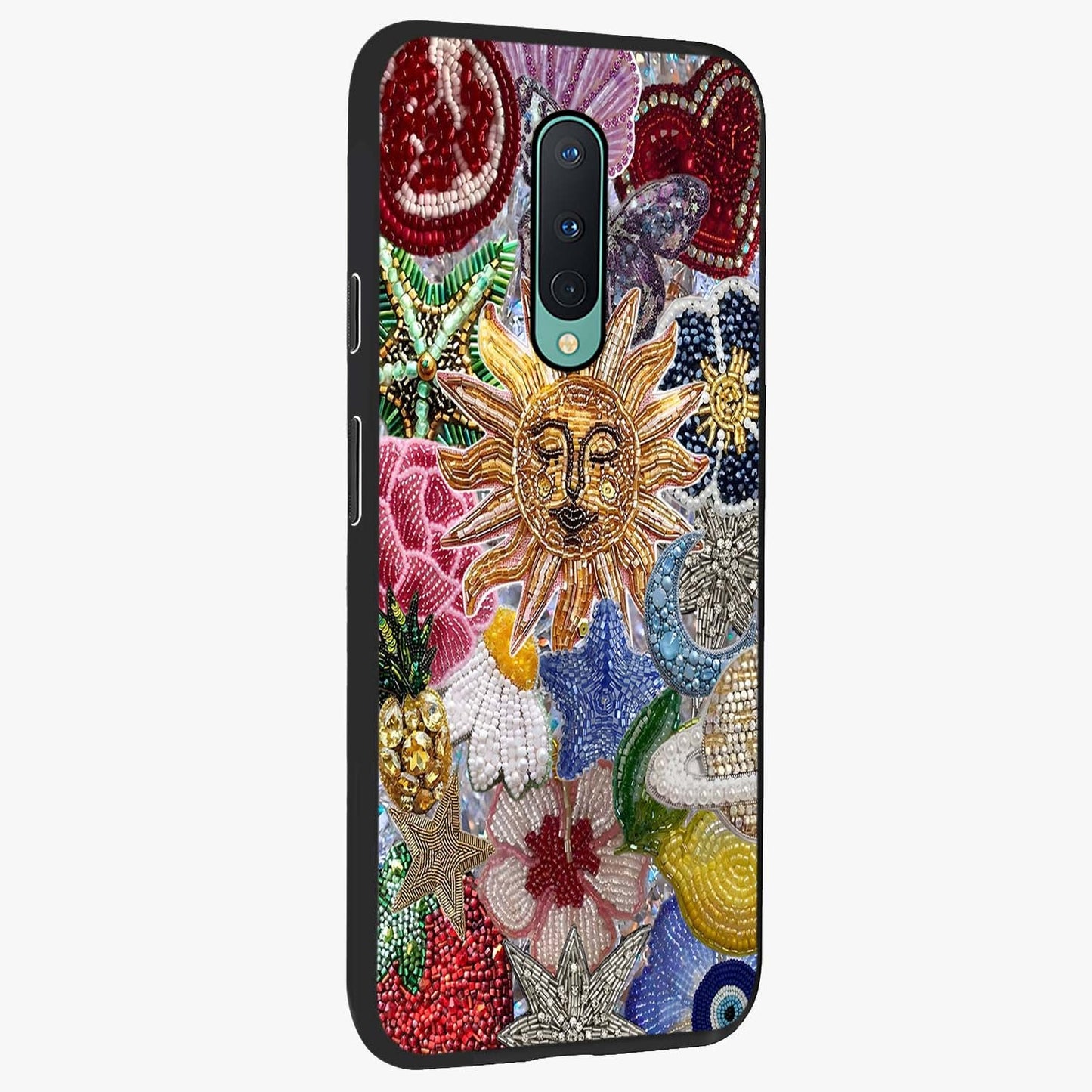 Celestial Floral and Playful Glass Case upright view showcasing whimsical floral artwork with cosmic aesthetic theme.