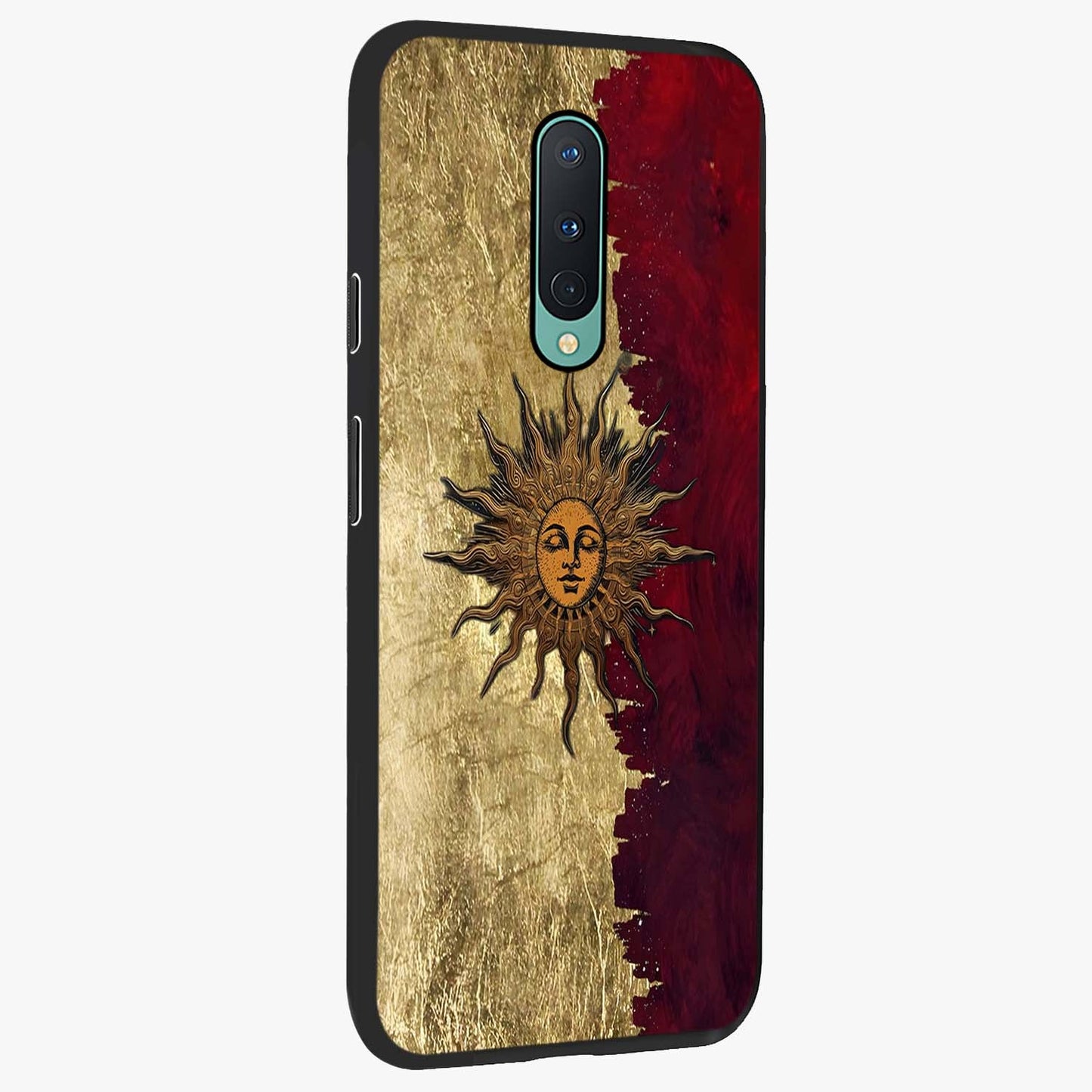 Crimson Sun Majesty Glass Case upright view showcasing vibrant sun artwork with powerful celestial theme.