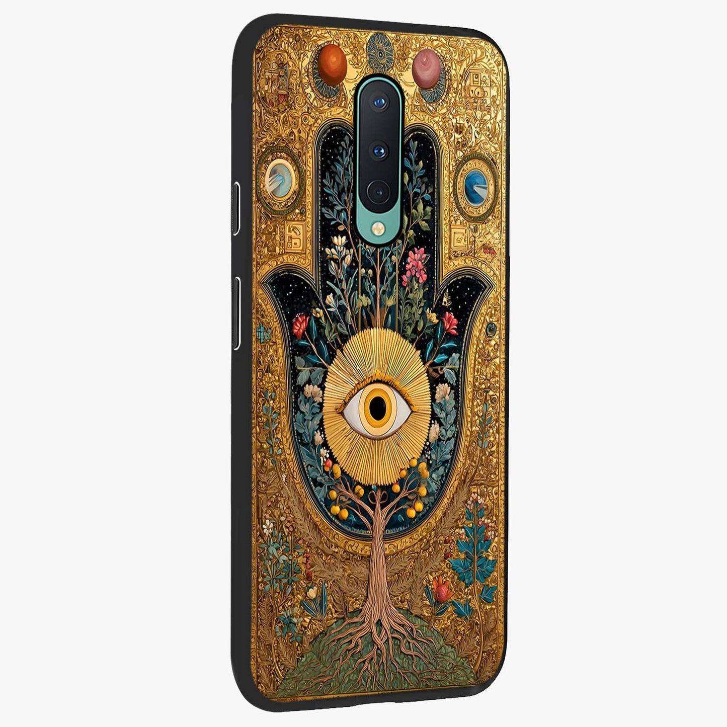 Ethereal Evil Eye Glass Case upright view showcasing celestial evil eye artwork with mystical theme.