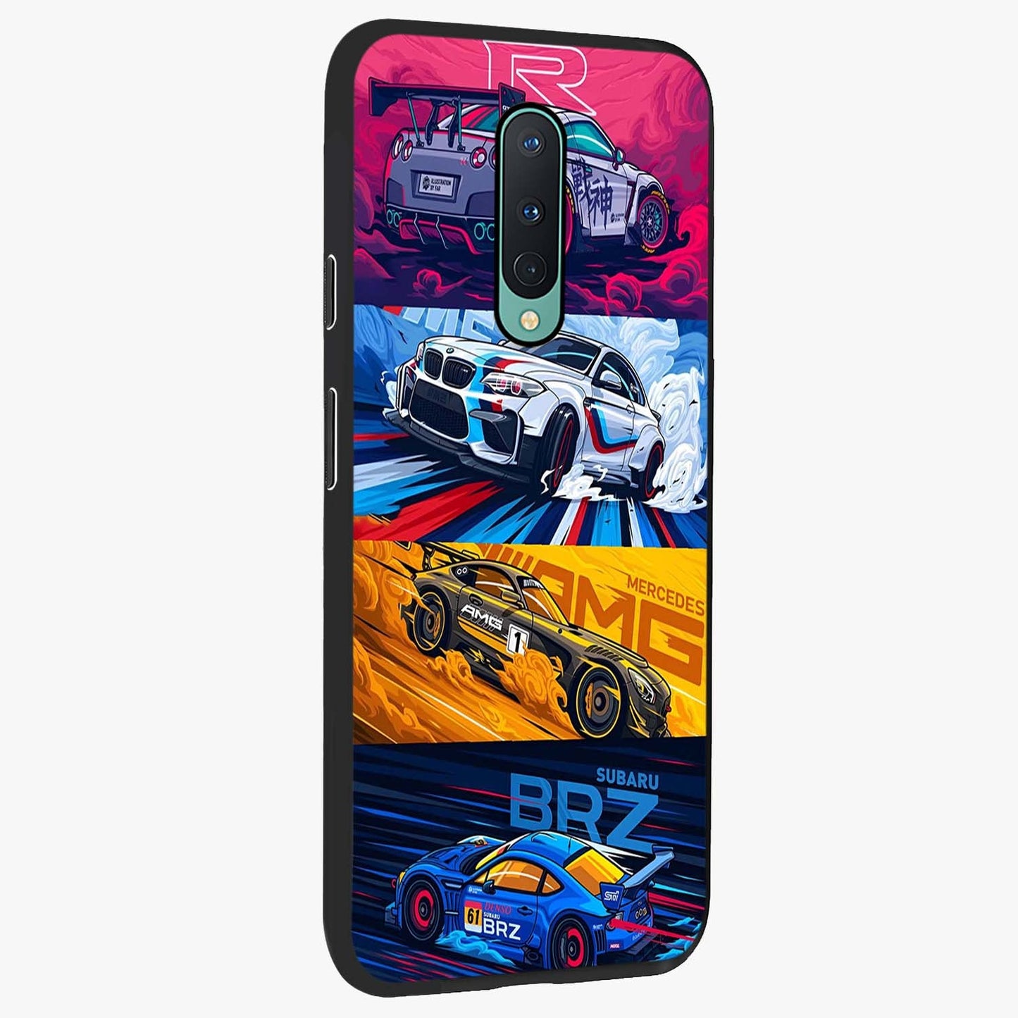 JDM Sports Car Glass Case upright view showcasing dynamic sports car artwork with bold racing theme.