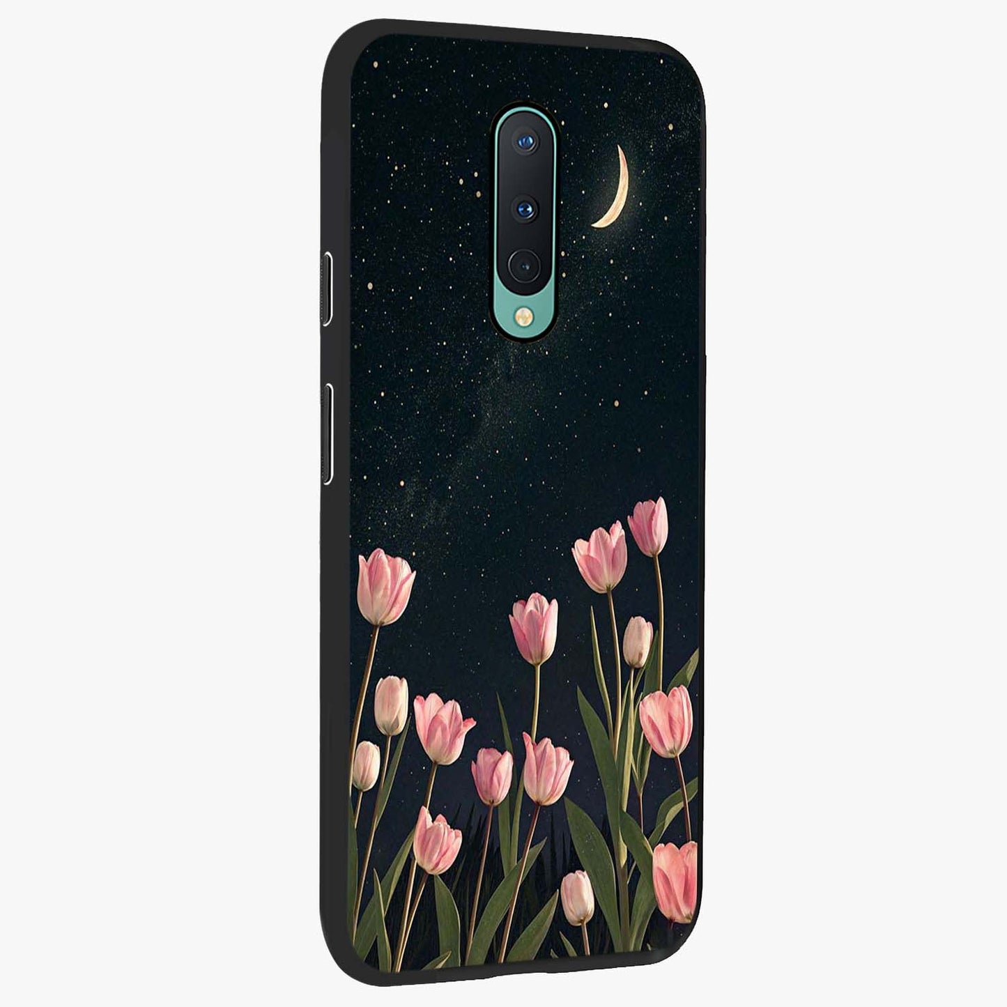 Midnight Tulip Whispers Vibe Glass Case upright view showcasing graceful tulip artwork with calm botanical theme.
