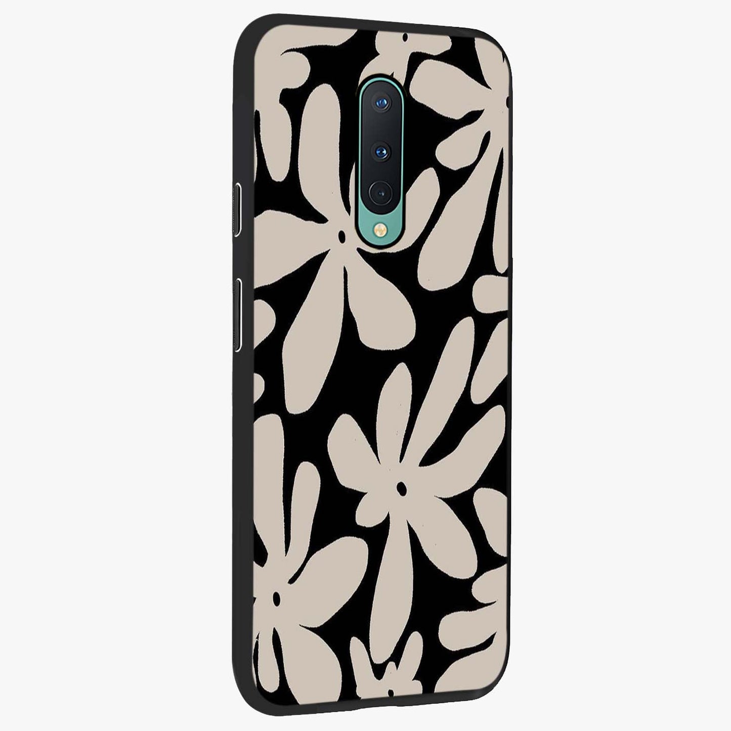 Monochrome Petal Dance Glass Case upright view showcasing artistic floral pattern with stylish monochrome theme.