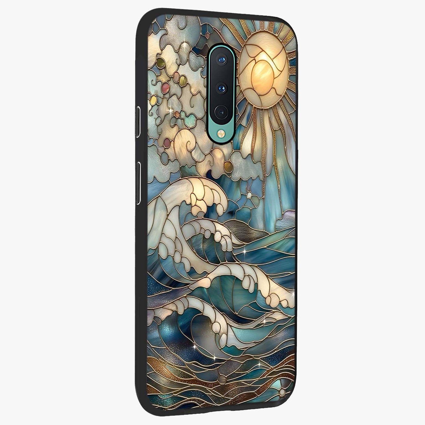 Oceanic Stained Printed Glass Case upright view showcasing decorative ocean pattern artwork with vibrant marine theme.