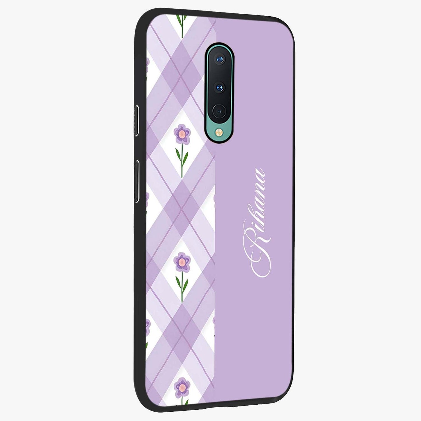 Purple Diamond Floral Glass Case upright view showcasing vibrant floral artwork with stylish geometric theme.