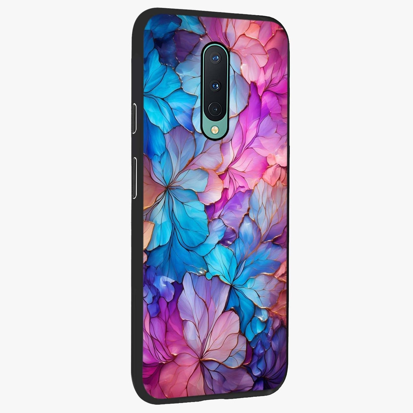 Radiant Floral Whirl Glass Case upright view showcasing lively floral artwork with decorative swirl theme.