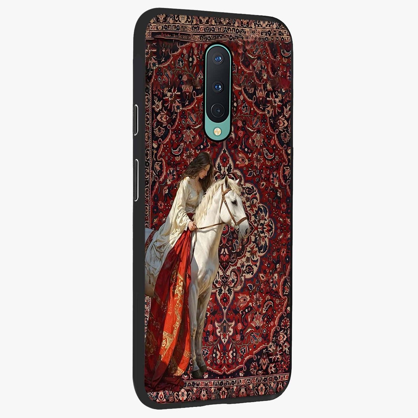 Royal Rider Tapestry Glass Case upright view showcasing detailed rider artwork with classic tapestry theme.