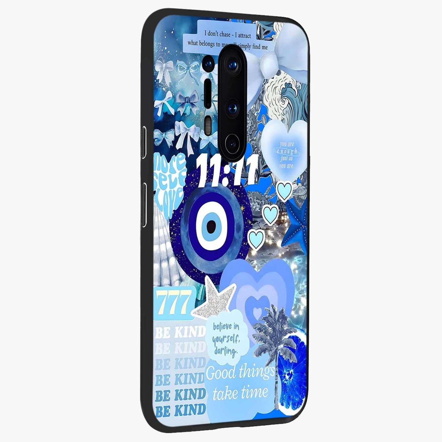 Aesthetic Be Kind Eye Glass Case upright view showcasing stylish eye illustration with positive message theme.