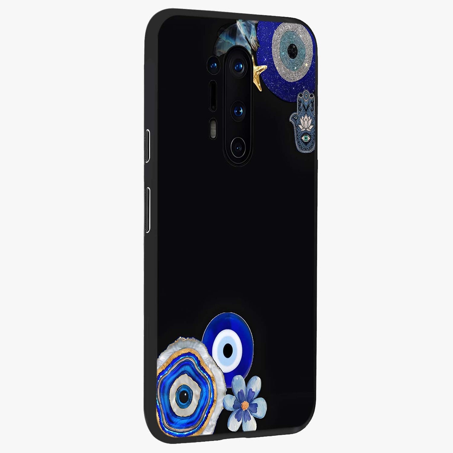 Aesthetic Blue Evil Eye Glass Case upright view showcasing mystical evil eye graphic with minimal aesthetic style.