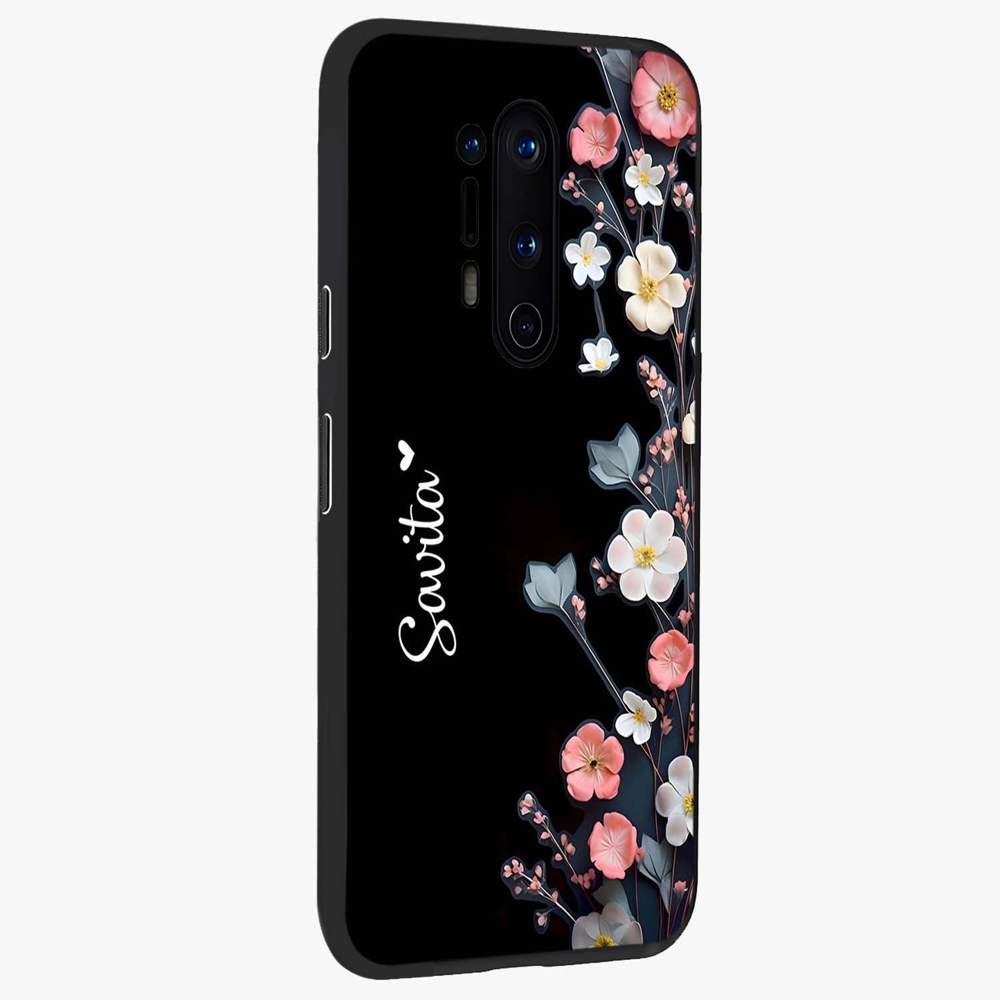 Black Elegance Floral Custom Name Glass Case upright view showcasing luxurious black floral design with personalized name detail.