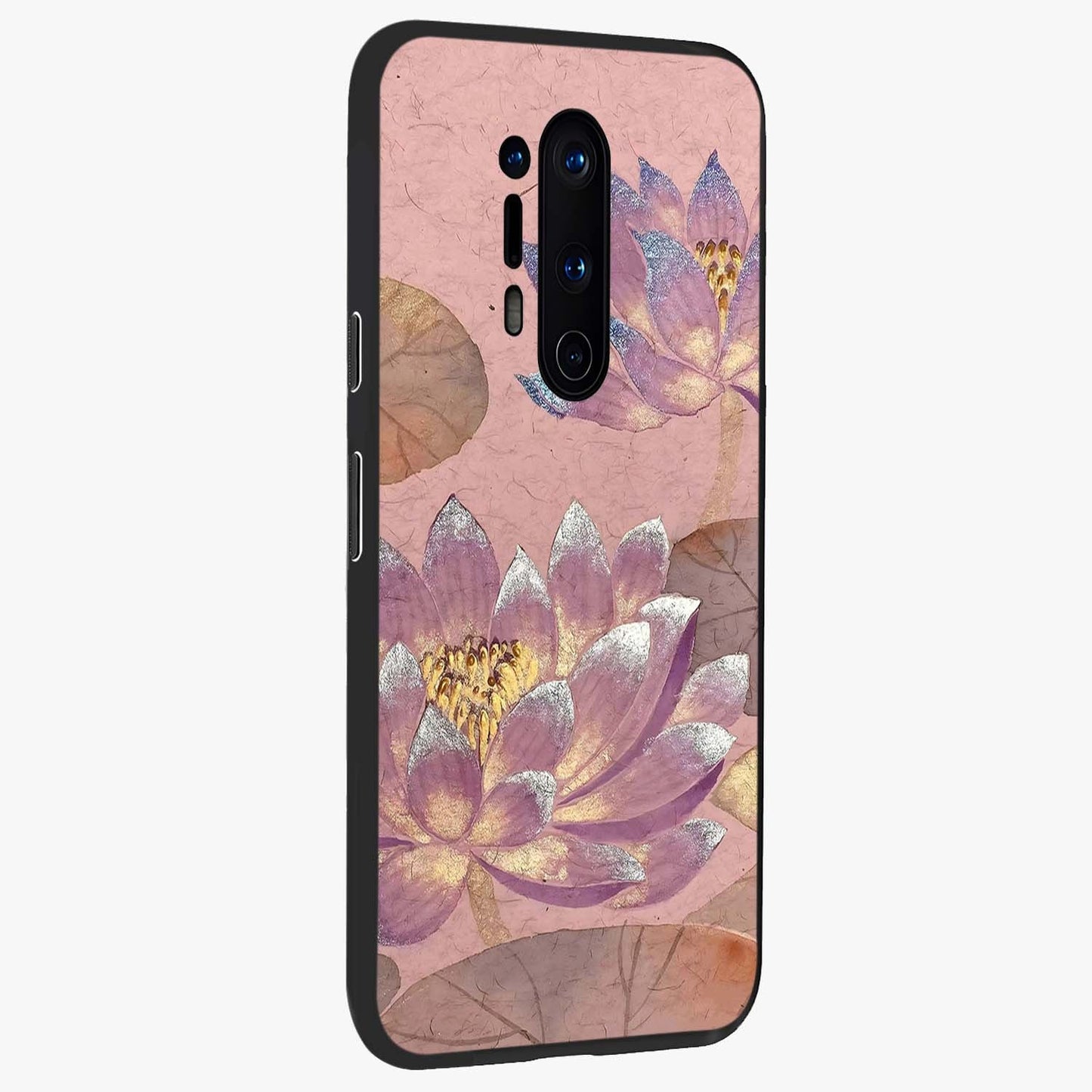 Blossom Mist Lotus Glass Case upright view showcasing graceful lotus flower design with peaceful botanical style.