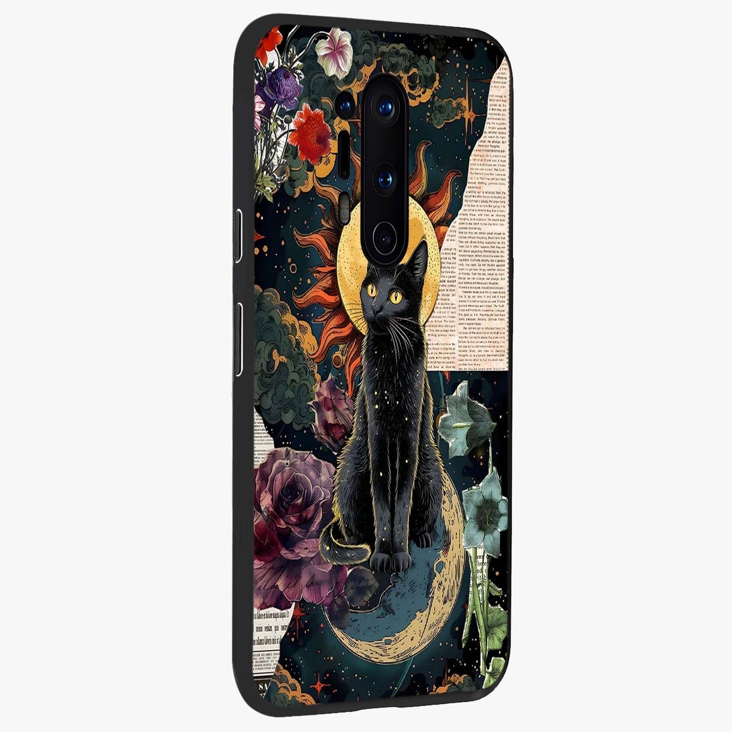 Celestial Black Cat Glass Case upright view showcasing magical black cat illustration with starry cosmic theme.