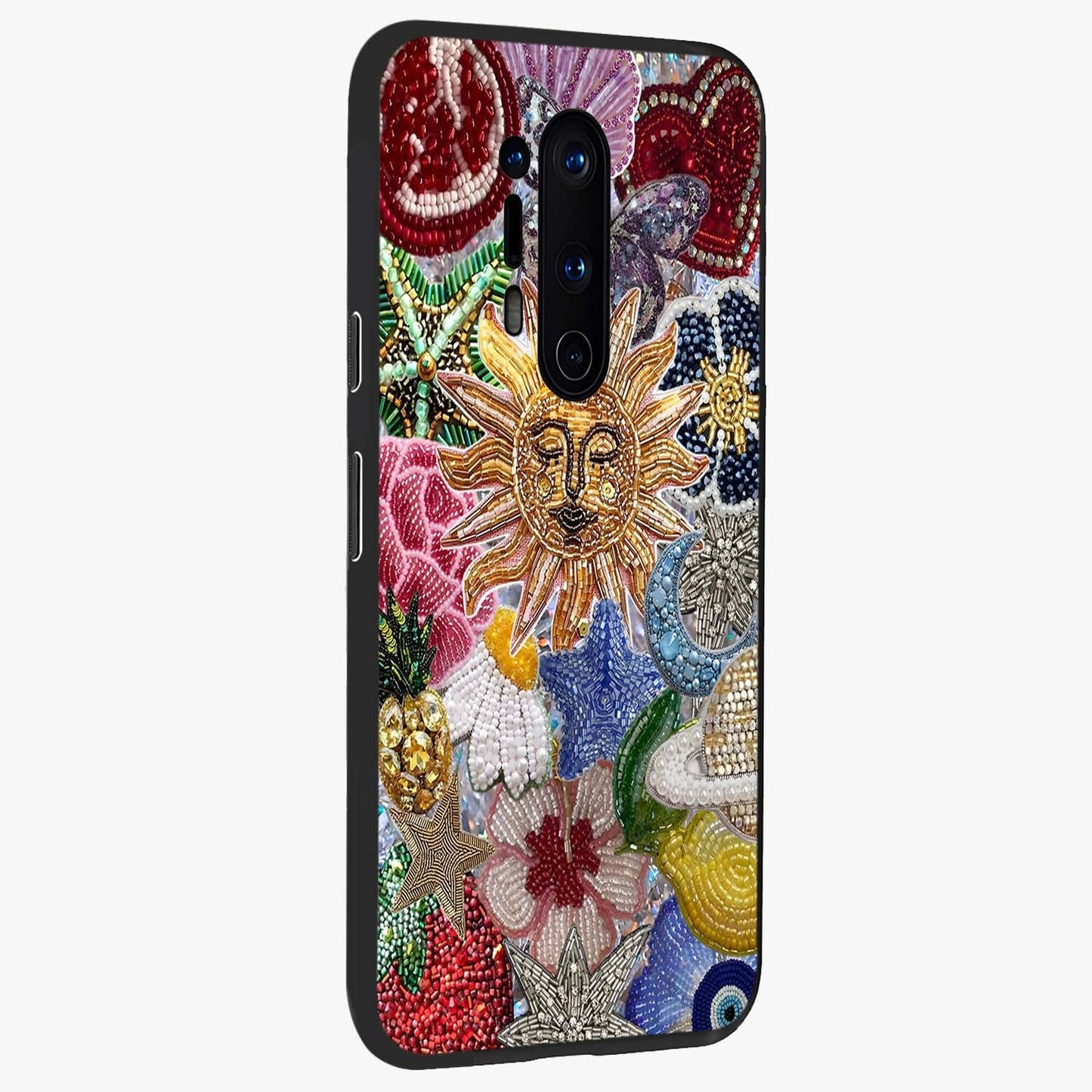 Celestial Floral and Playful Glass Case upright view showcasing whimsical floral artwork with cosmic aesthetic theme.