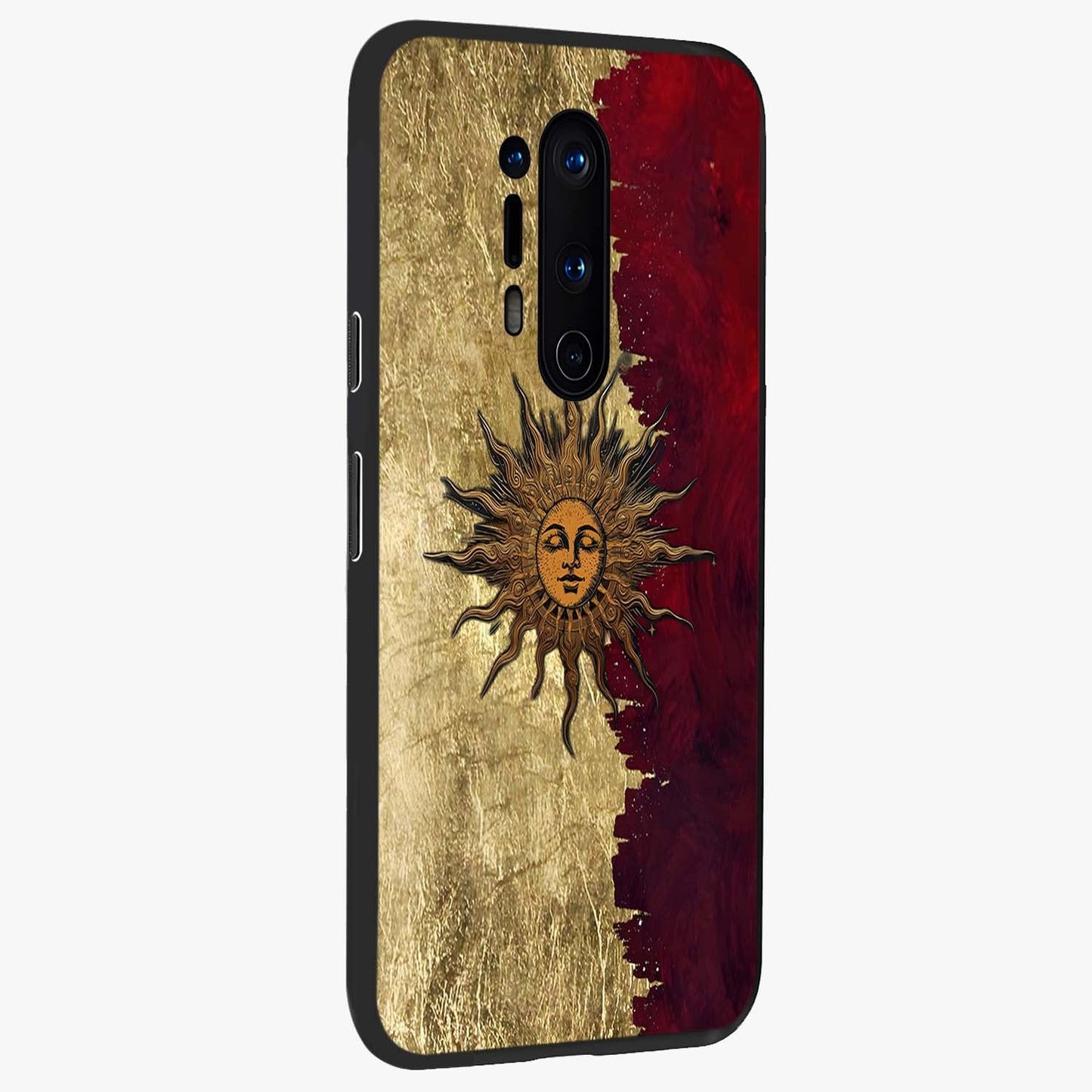 Crimson Sun Majesty Glass Case upright view showcasing vibrant sun artwork with powerful celestial theme.