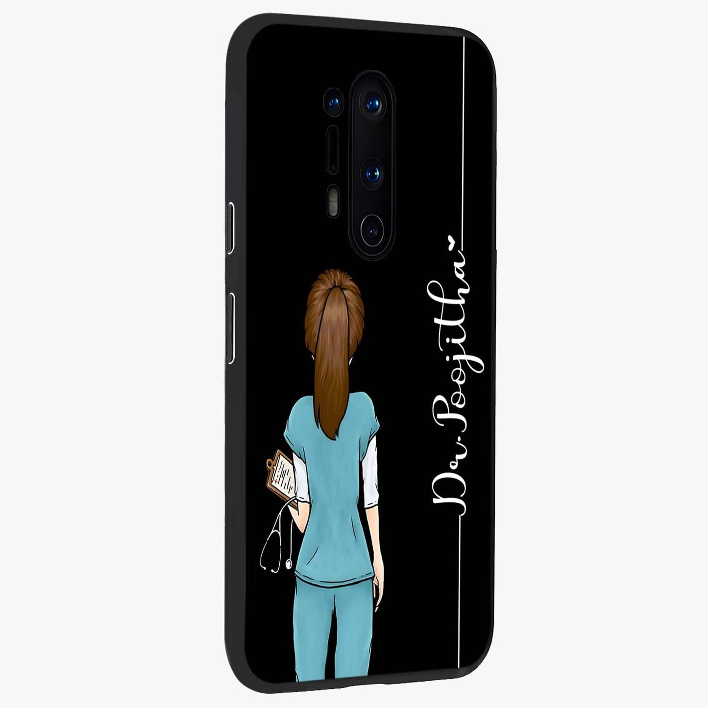 Doctor Pattern Custom Name Glass Case upright view showcasing healthcare themed design with personalized aesthetic.
