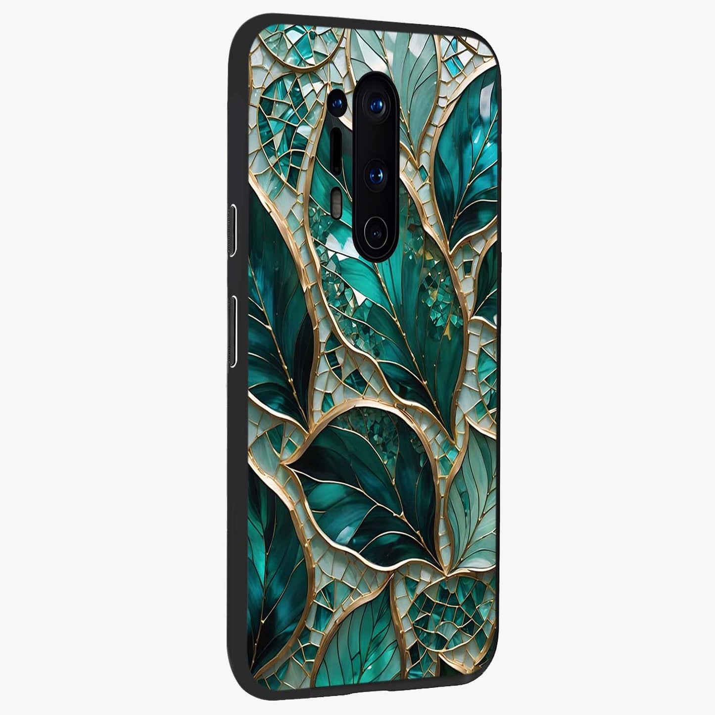 Emerald Leaf Glass Glass Case upright view showcasing fresh green leaf artwork with calming nature inspired style.