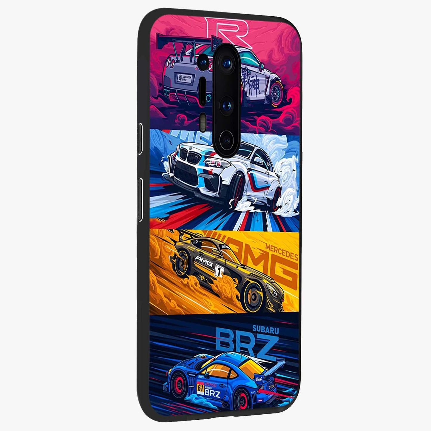 JDM Sports Car Glass Case upright view showcasing dynamic sports car artwork with bold racing theme.