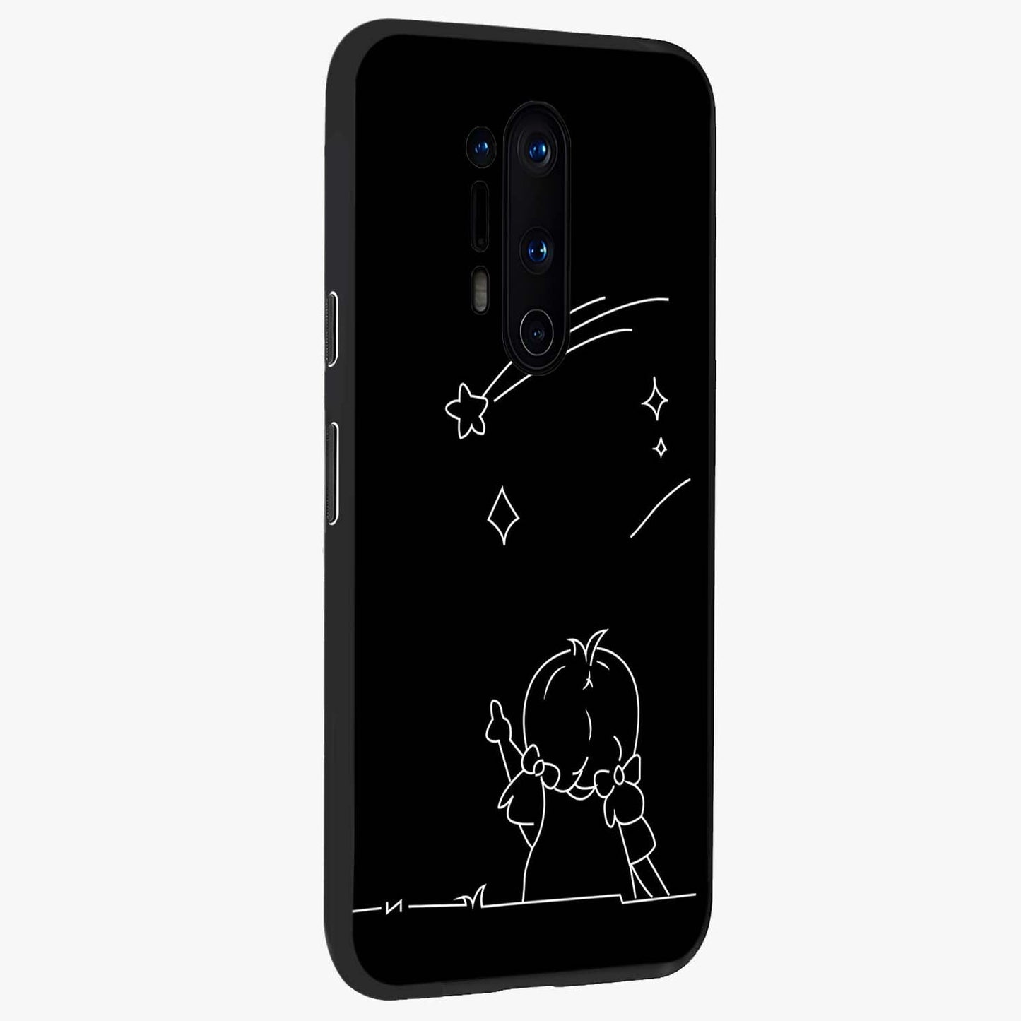 Line Art Girl With Shooting Stars Glass Case upright view showcasing delicate shooting stars artwork with minimal artistic theme.