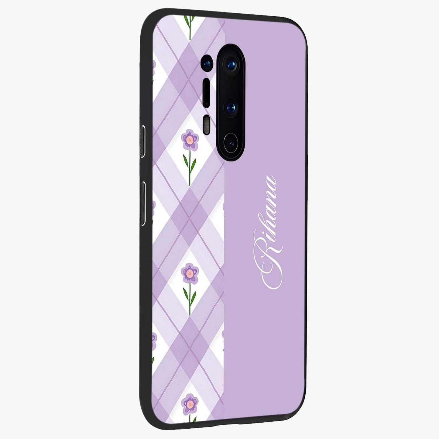 Purple Diamond Floral Glass Case upright view showcasing vibrant floral artwork with stylish geometric theme.